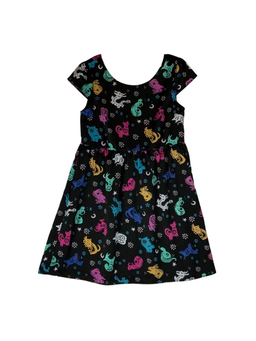 ModCloth Womens Short Sleeve Dress Size S Black Chinese Zodiac Print Babydoll